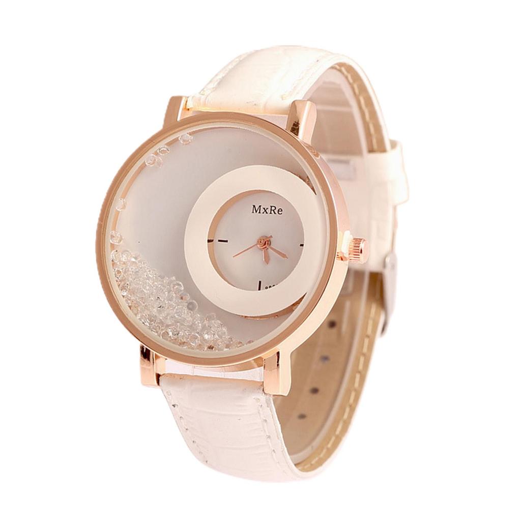 Funny Designed Quicksand Rhinestone Watch Round Dial Adjustable Faux Leather Strap Analog Quartz Special Lady Watches