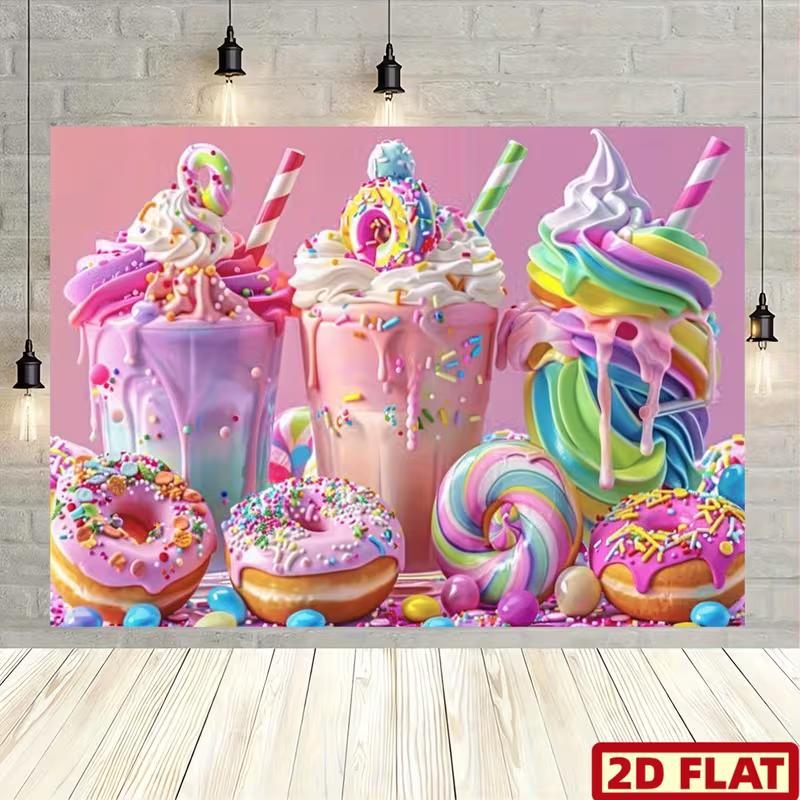 2D Whimsical Pink Candy Theme Backdrop for Kids Dessert Themed Events