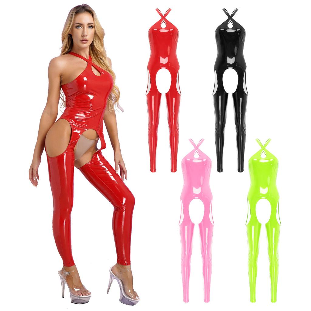 Womens Patent Leather Jumpsuit Sleeveless Hollowing Out One Piece Outfits Bodycon Party Club Rompers