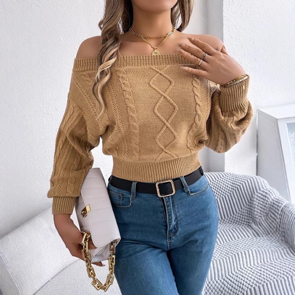 Women's Knitted Sweater Casual Solid Colour Off-the-Shoulder Long-Sleeved Pullover Sweatshirt