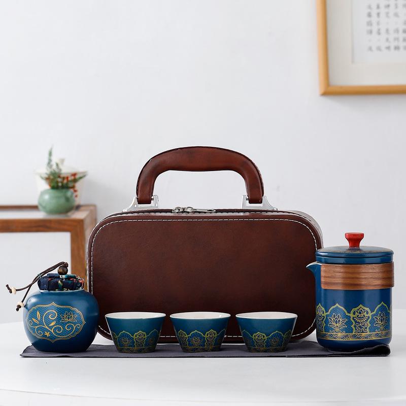 Ceramic Travel Tea Set with Tray - Portable Cup for Outdoor Anniversaries & Custom Souvenirs