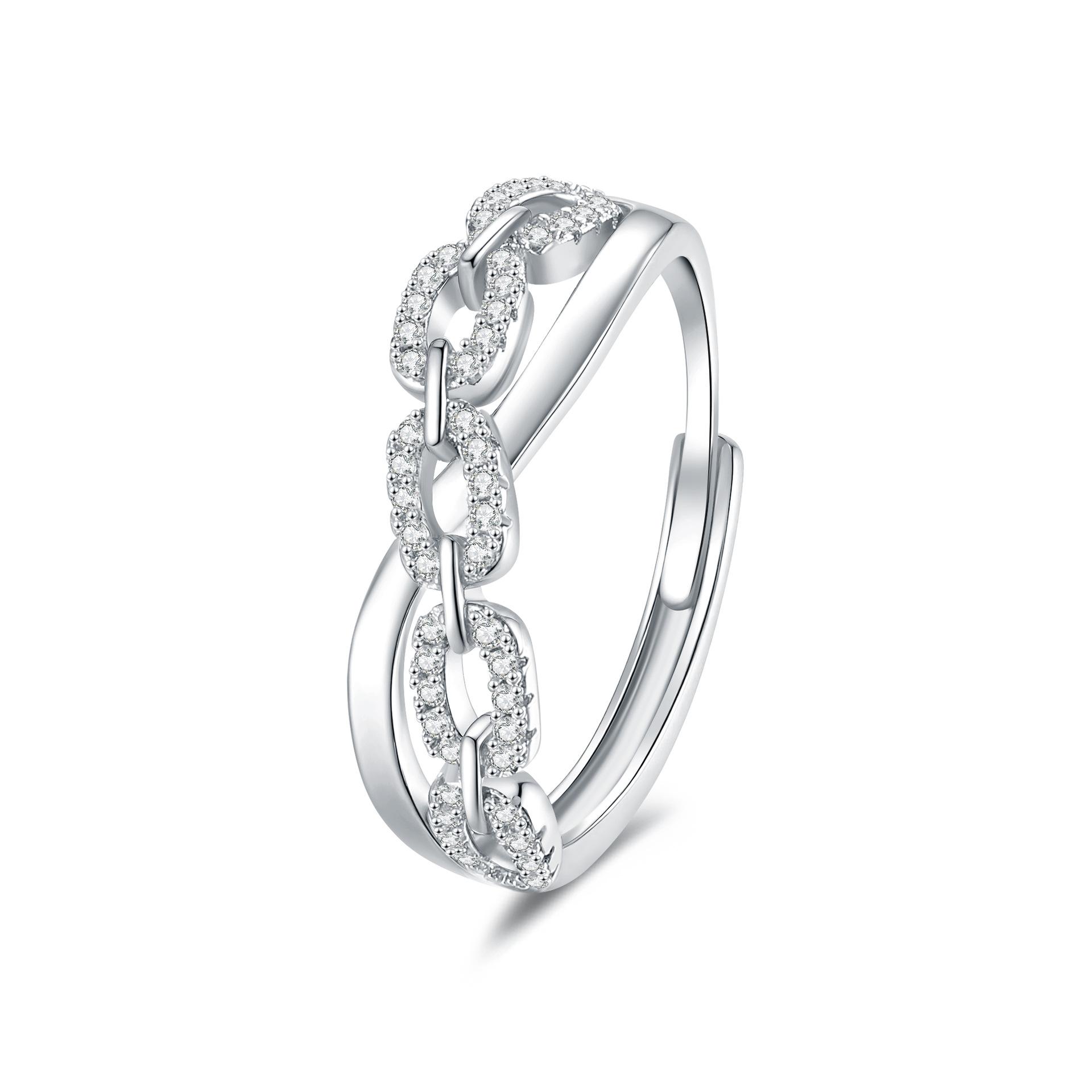 2026 Zircon Square Chain Cross Chain Ring Female, Simple and Fashionable Index Finger Ring Resizable