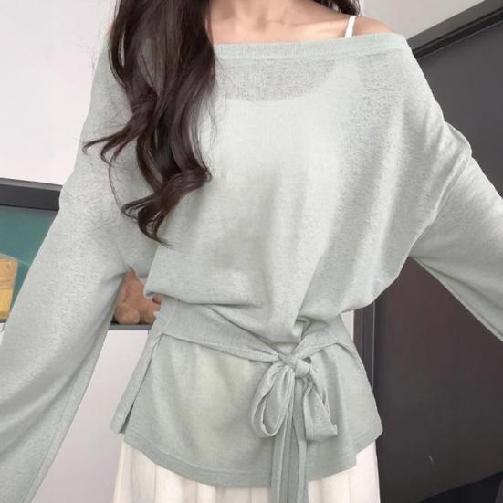 Summer Blouse Slope Collar Long Sleeve Lace-up Waist Sun Protection Cover-Up Soft Stretchy Outdoor