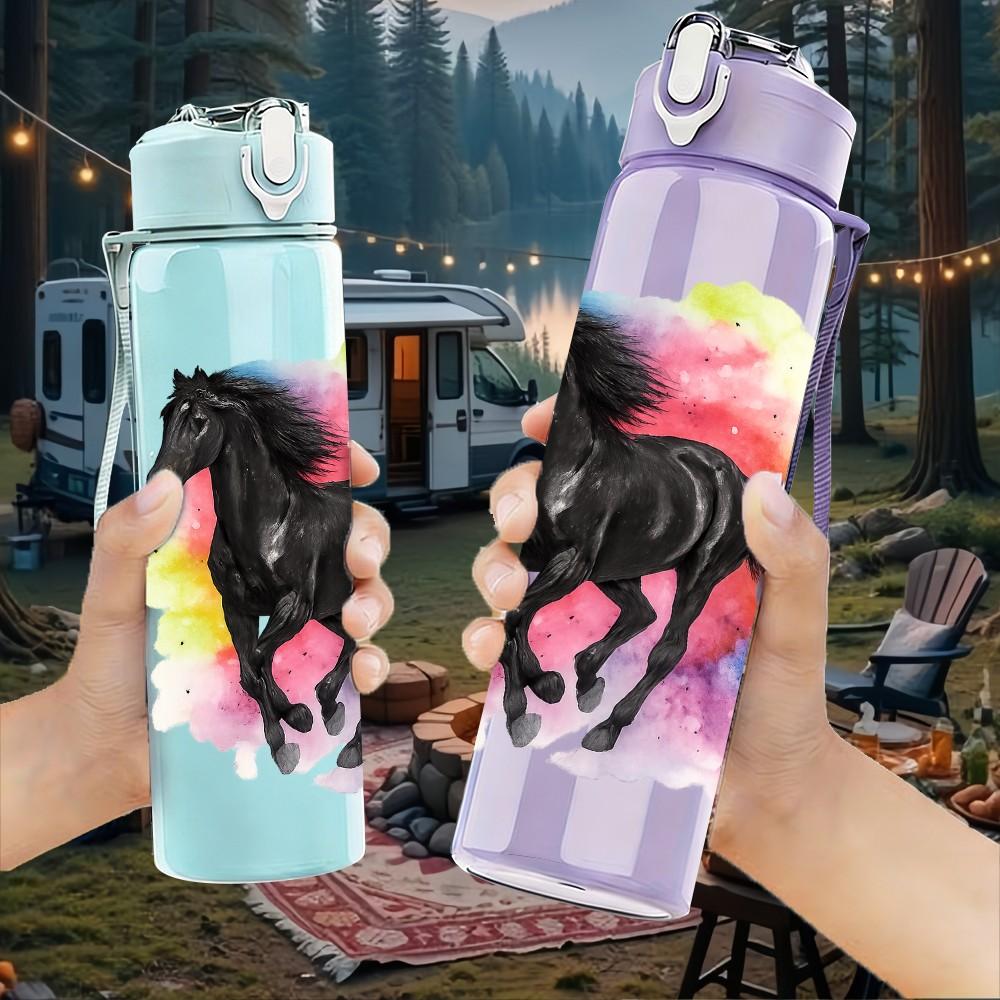 1PC Colorful Running Horse Art 750ml Color Plastic Sports Water Bottle Leakproof Flip Straw Lid Suitable for Sports Office Home Use