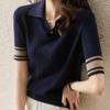 Women Sweaters Pullovers 2025 Summer Short Sleeve Turn Down Collar Solid Knitted Sweater Women Tops Pullover JJ144