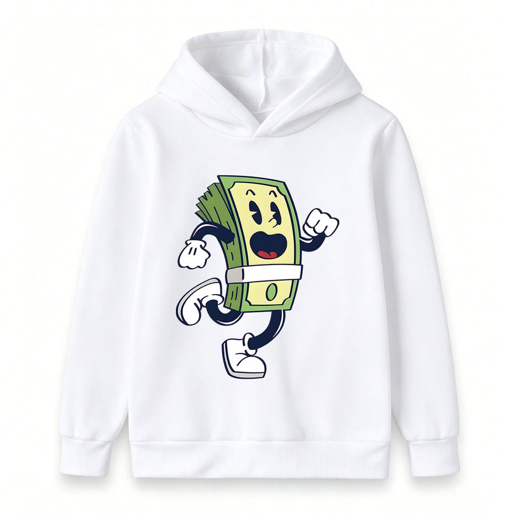 Kids Boys Girls Pullover Hoodie, Retro Cartoon Running Dollar Bill Character Print Casual Long Sleeve Hooded Sweatshirt for Daily Wear and Outdoor