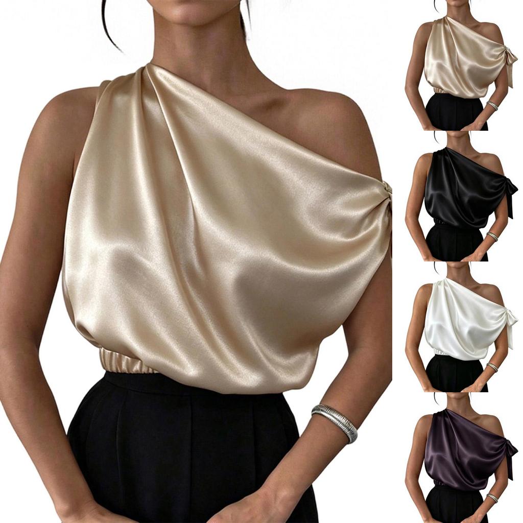 Satin Asymmetric One Shoulder Blouse for Women with Off Shoulder Elegant Top Shirt