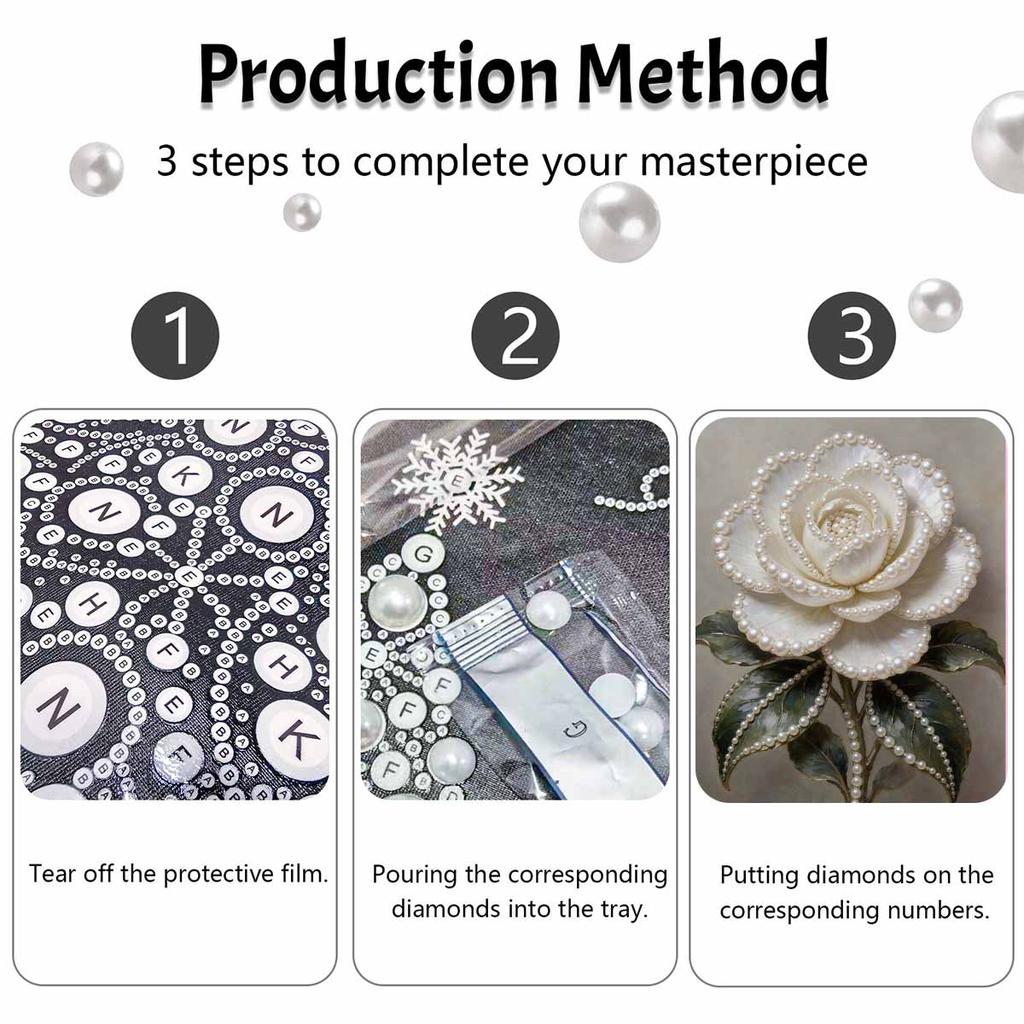 DIY Framed Pearl Painting Kit White Rose Flower Botanical Plant Sparkling Bead Canvas Creative Craft Gift for Women Adults