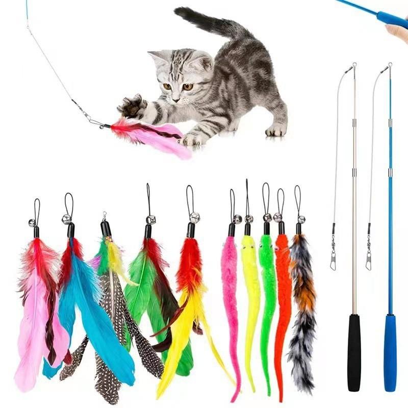 Interchangeable Eco-Friendly Cat Teaser Wand Set Fluffy & Feather Refills Extendable Bounce Rod Chew-Proof Plush Kittens Toy