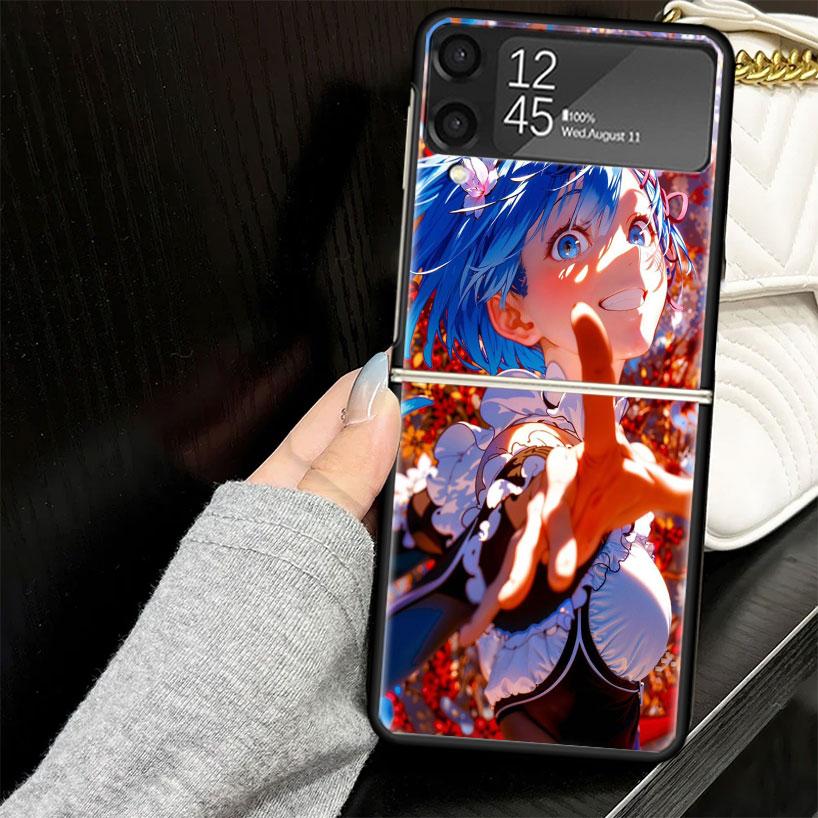 R-Rem Re Zero Anime Case for Samsung Galaxy Z Flip7 Flip6 Flip5 Flip4 Flip3 5G Hard Phone Shell Z Flip 7 6 5 4 3 Black Cover