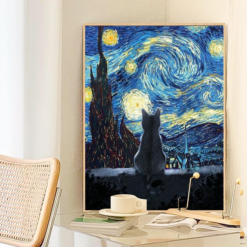 Van Gogh Starry Night Cat DIY Digital Oil Painting: Advanced Handmade Decorative Art
