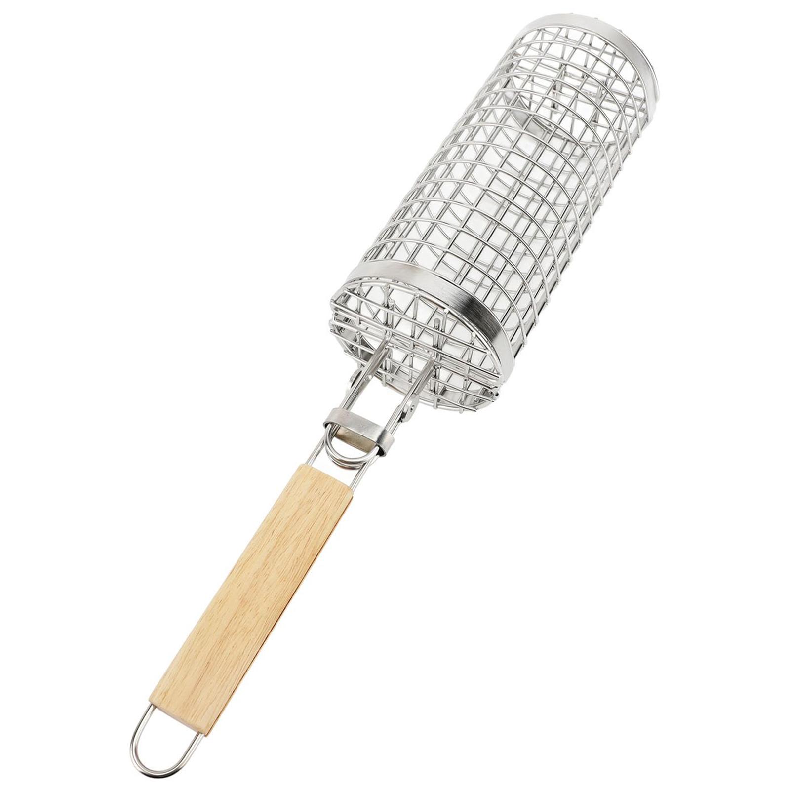 

Stainless Steel Grill Basket with Wood Handle Scald Proof BBQ Rolling Grilling Basket (BPA Free, No FDA) A