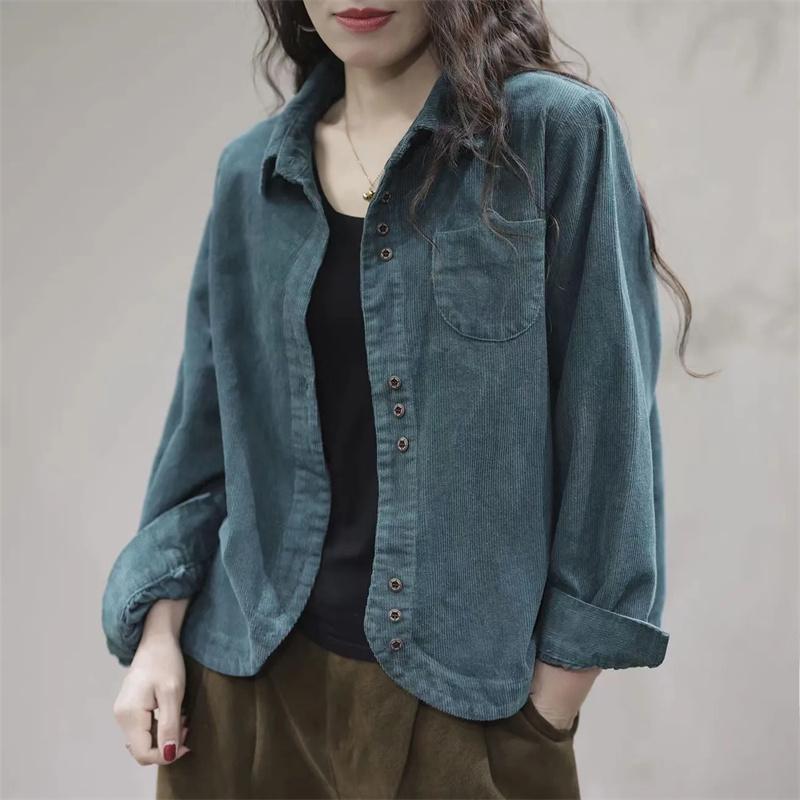Spring Autumn New Shirt Fashion Art Leisure Long Sleeve Lapel Collar Corduroy Women's Shirt Cardigan Female Short Tops
