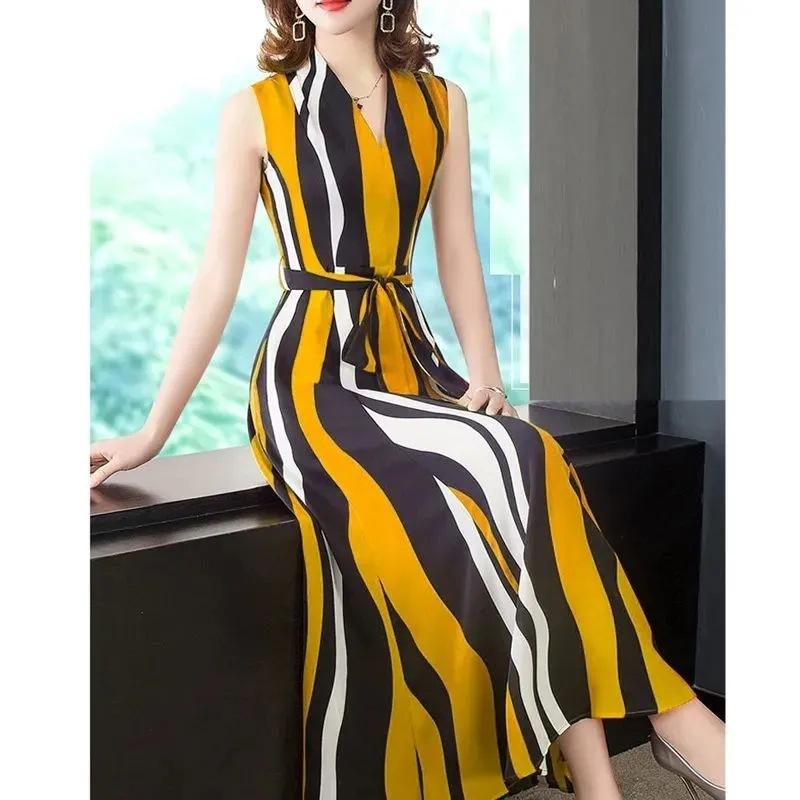 Summer New Bohemian Stripe Fashion Versatile Sleeveless Dress Women's Medium and Long Pendulum Bottom Dress