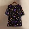 Camicia alla moda e casual da donna a maniche corte con scollo rotondo e stampa, blusa top in cotone e lino