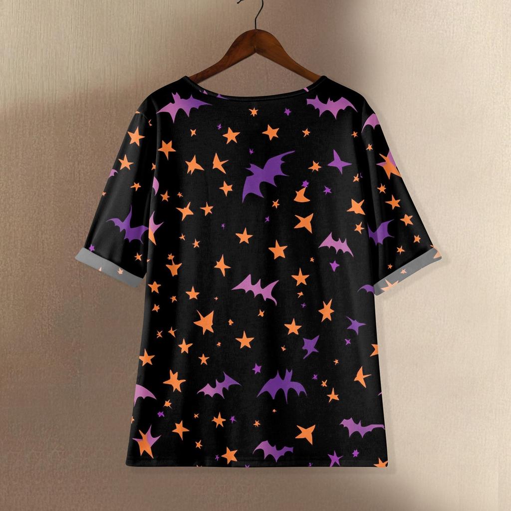 Camicia alla moda e casual da donna a maniche corte con scollo rotondo e stampa, blusa top in cotone e lino