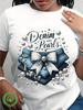 Women's Denim Pearl Pattern T-Shirt - White T-Shirt Paired with Blue Jeans and Pearl Embellishments