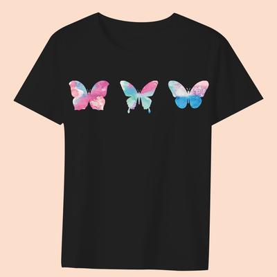 Women's Clothing Black T-shirt Casual Tops Cartoon Color Butterfly Print Series Round Neck Ladies Slim Commuter Short Sleeve Top