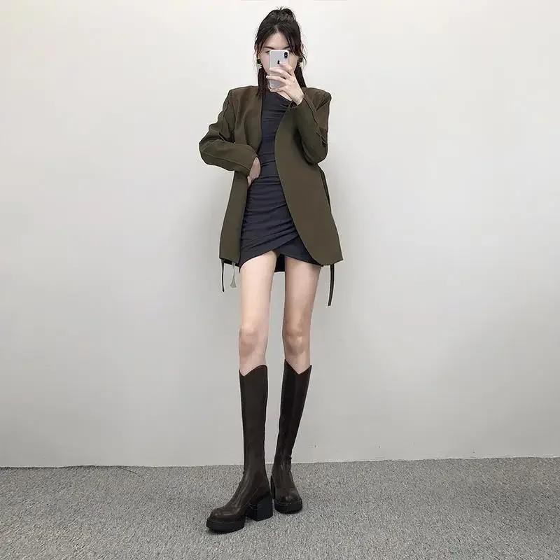 Fashion Black High Heels Elegant Heeled Long Boots for Women Round Toe On Offer Pu Goth Comfortable Work Chic Hot Knee Shaft Shoes Woman
