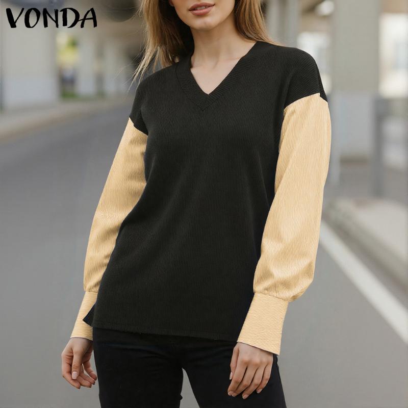 VONDA Autumn Women V Neck Long Sleeve Ribbed Striped Patchwork Casual Loose Blouse