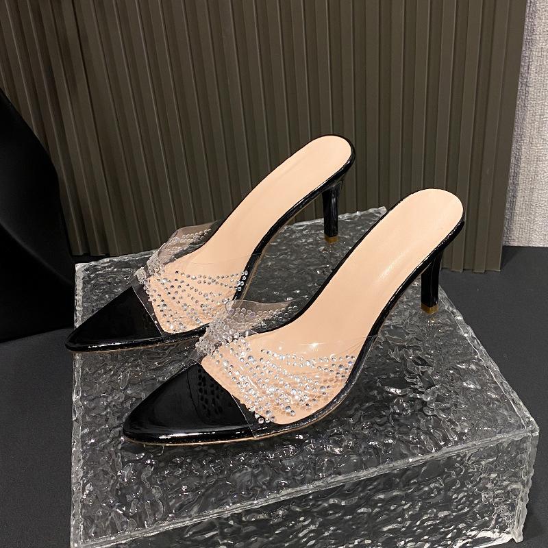Transparent rhinestone thin heel sandals 2025 new large size European and American spring and summer new solid color pointed high heel slippers women