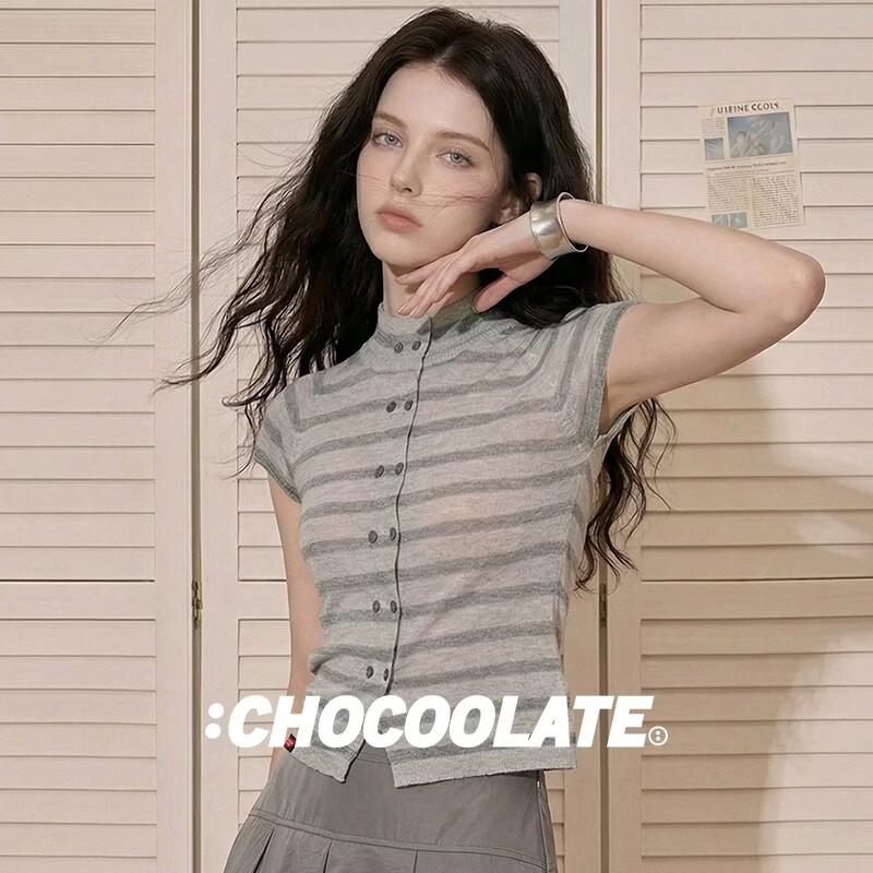 :CHOCOOLATEit Women's Slim Fit Striped Short Sleeve T-Shirt