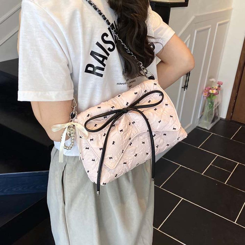 Ribbon Pendant Bow PU Shoulder Pouch Sweet Women Crossbody Bag Shopping French Chain Bag  Women