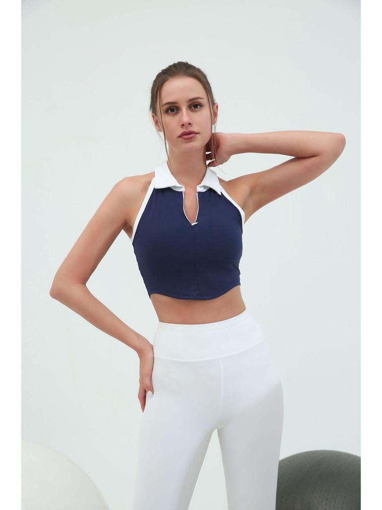 Women's Contrast Collar Sports Fitness Vest: Quick-Dry, High-Elastic, Chest-Padded, Zippered Top for Running & Yoga.
