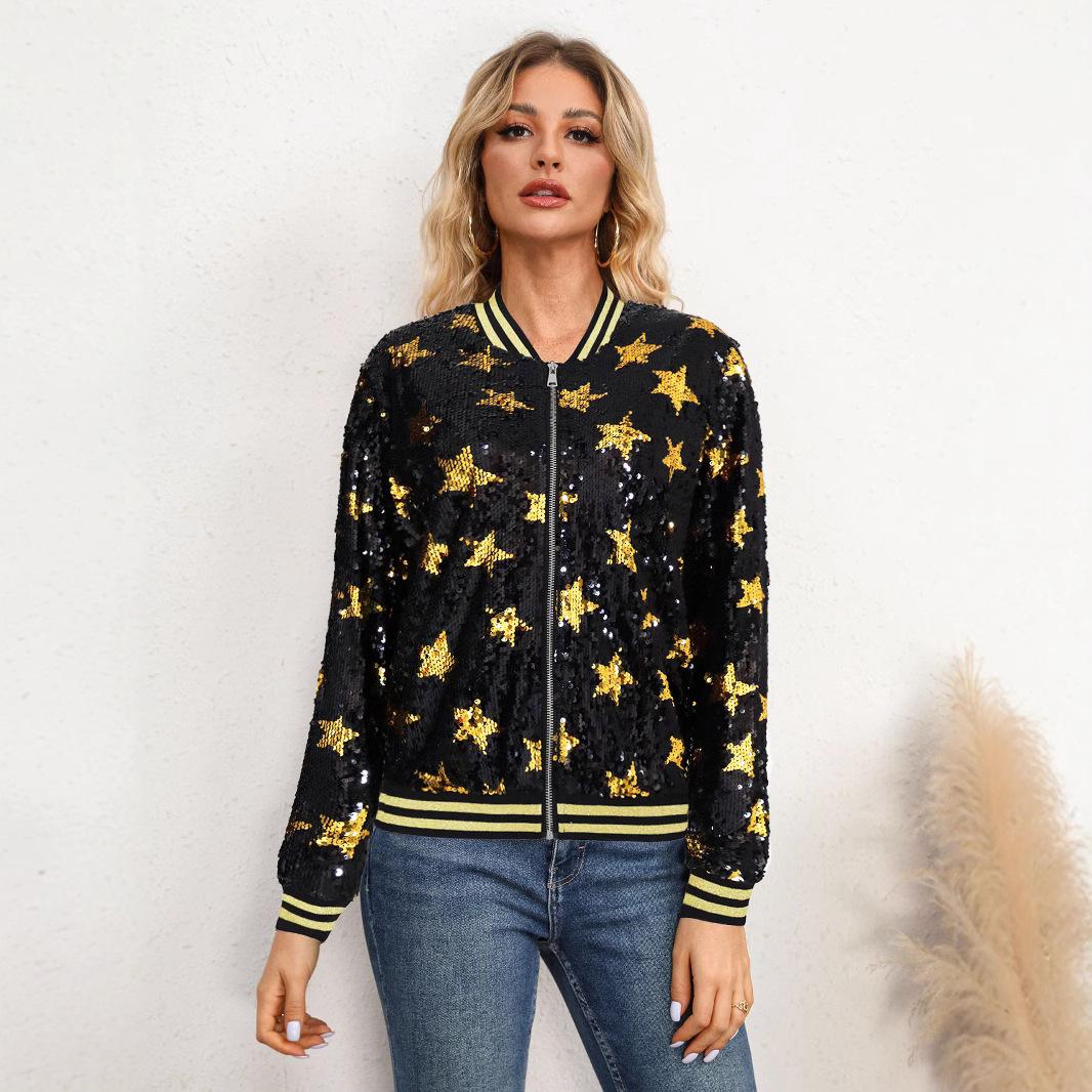 

Женская куртка осенняя, украшенная пайетками, звездами, серебряная, украшенная молнией XL чёрный/золотой
