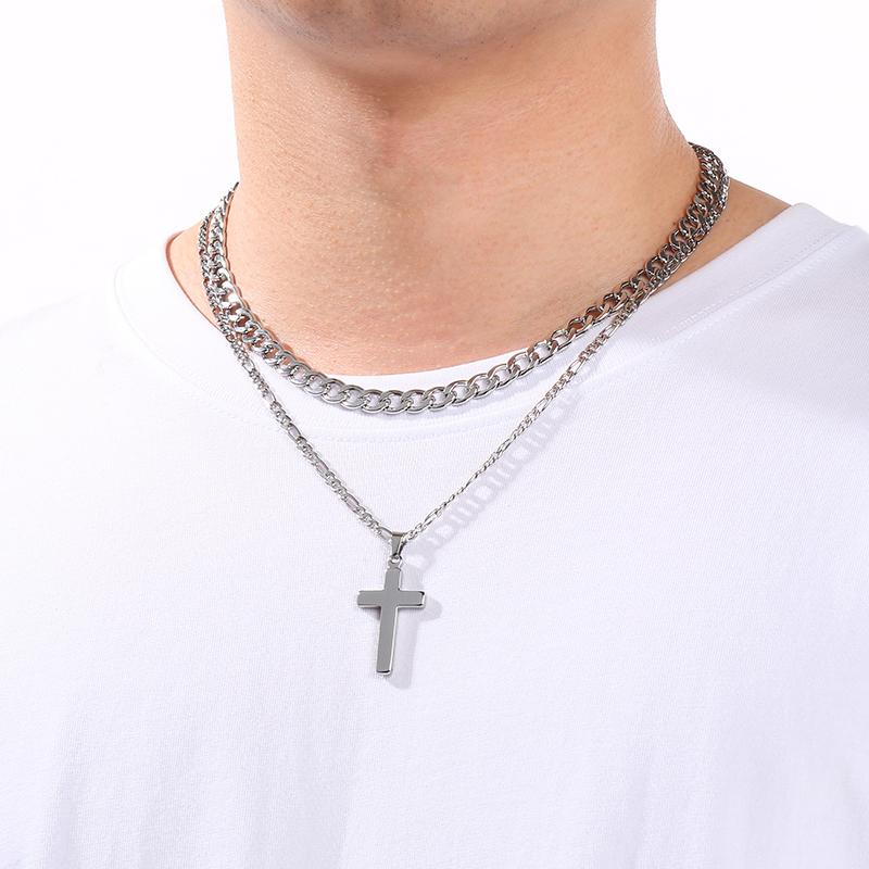 Double-Layer Stainless Steel Cross Pendant Necklaces for Men Metal Chain Religious Design Trendy Jewelry Daily Golden Accessory