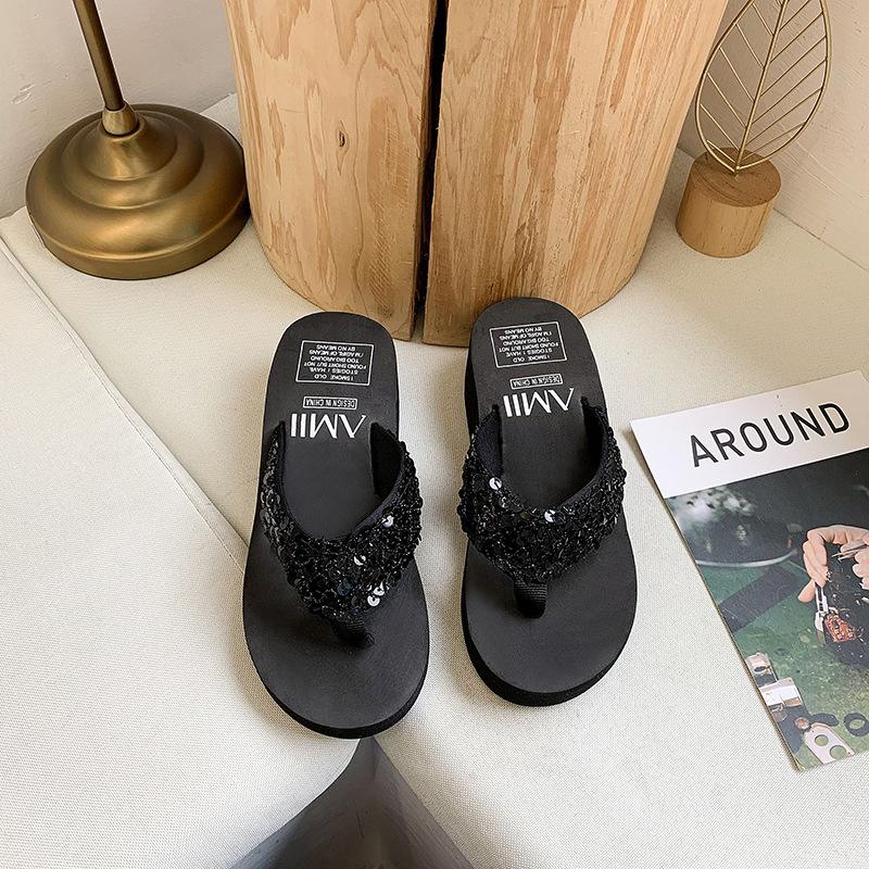 Glitzer, Zehensandalen, Damen, Keilabsatz, Dicke Sohle, Hausschuhe, Strandschuhe, Pantoletten, Glänzend, Damenpantoletten