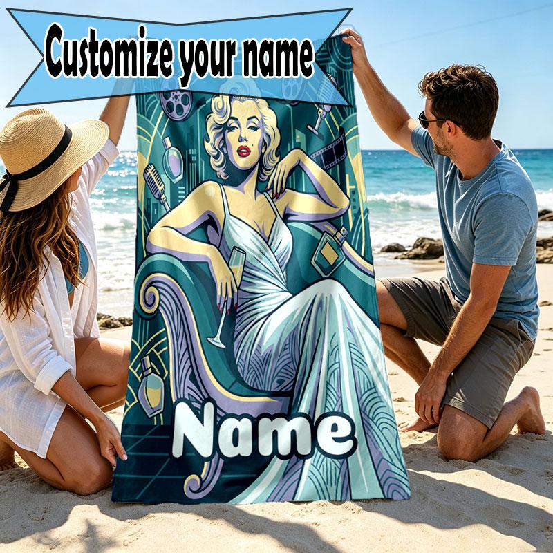 Custom Name Personalized Marilyn Monroe Print Beach Towel, for Trip Camping Beach Party Home Decor, Birthday Gift for Family & Friends