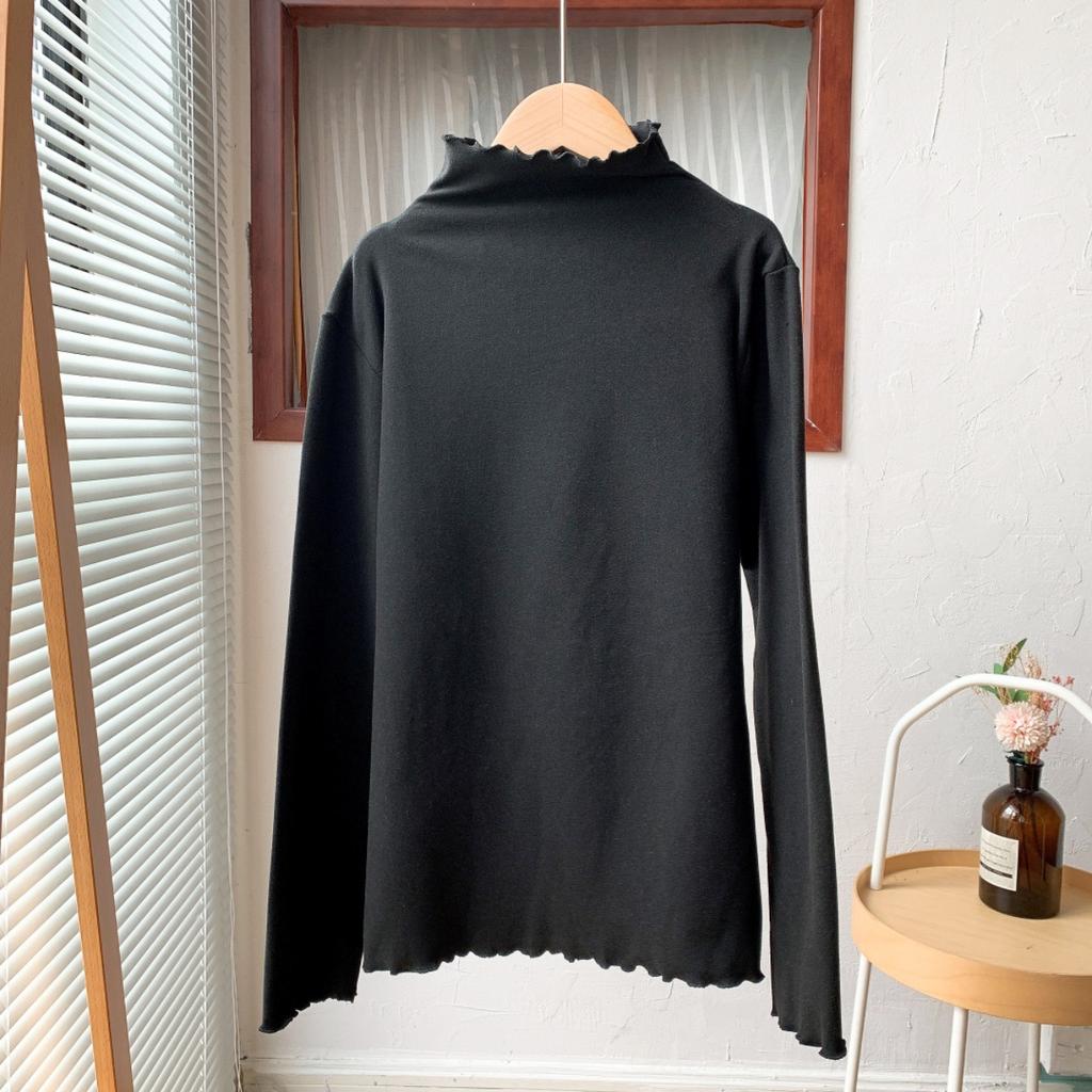 Camisa Básica Quente Feminina de Manga Comprida Outono e Inverno Camisa de Base Gola Média Alta Cor Sólida Interna Slim Tops Quentes