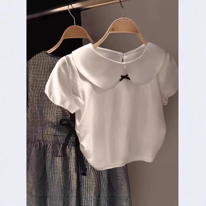 

2025 Summer Korean Style Baby Girl Peter Pan Collar Bow T-Shirt Small белый