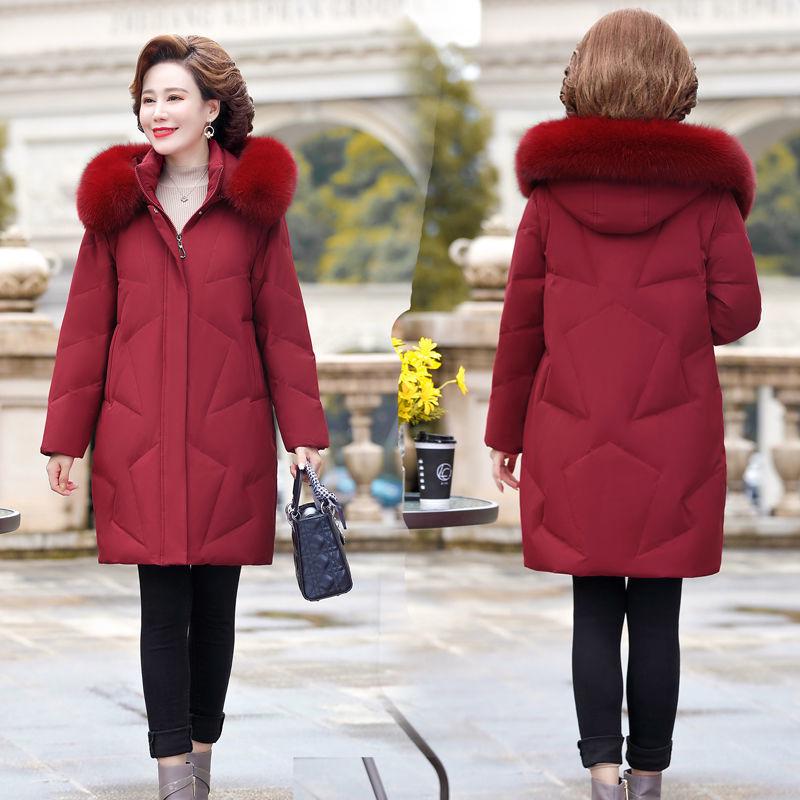 Dámská péřová bunda střední délky v korejském stylu s límcem z pravé kožešiny - Módní pro střední a starší věk