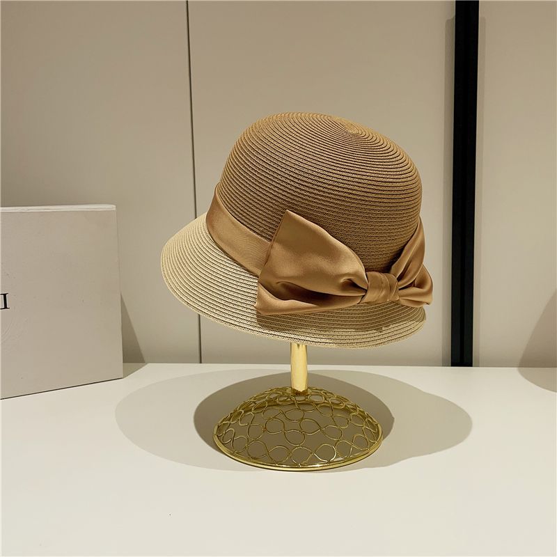 Ladies French Elegant Satin Big Bow Color Matching Straw Hat Retro Top Hat Bucket Hat Sunshade Sun Protection Beach Hat