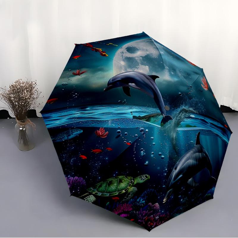 Ocean Dolphin Moon Print Umbrella, Windproof UV Protection Folding Travel Umbrella