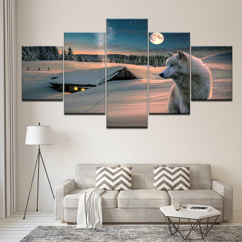 White Wolf in Winter Night 5 Piece No Framed Canvas Picture Print Wall Art Canvas Painting Wall Decor for Living Room No Frame