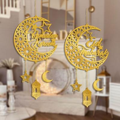 Acrylic Eid Mubarak Wall Pendant Mirror Hanging Decoration Ramadan Kareem Door Sign Golden Moon Star Drop Ornaments
