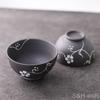 Arita ware pair of rice bowls, Higashihara kiln, with a white floral arabesque pattern. A stylish, modern, and elegant rice bowl set.