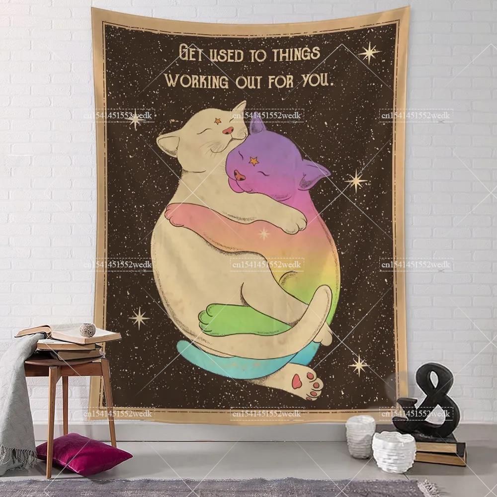Sun Moon Tarot Tapestry Wall Hanging Boho Tarot Cat Kawaii Room Decor Psychedelic Hippie Tapestry Kids Room Bedroom Art Posters