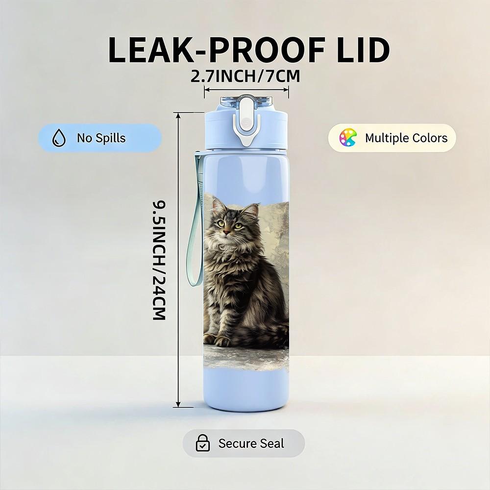 1PC Vintage Cat Old Photo Pillow Print 750ml Color Plastic Sports Water Bottle Leakproof Flip Straw Lid Suitable for Sports Office Home Use