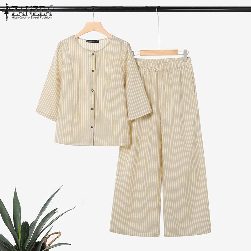 ZANZEA Women 3/4 Sleeve Blouse and Pants Casual Stripe Print Two Piece Sets