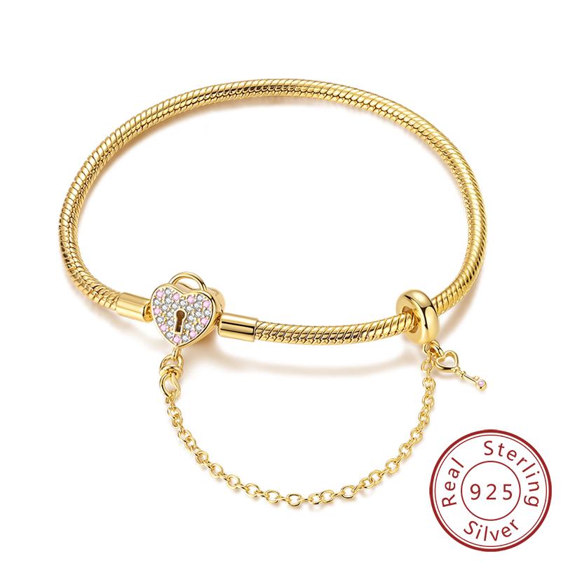 Originální náramek 925 Sterling Silver Náramek s přívěsky 17-20CM Zlaté Srdce Klíč Lásky Vločka Náramek Manžeta Dámské Šperky Dárek