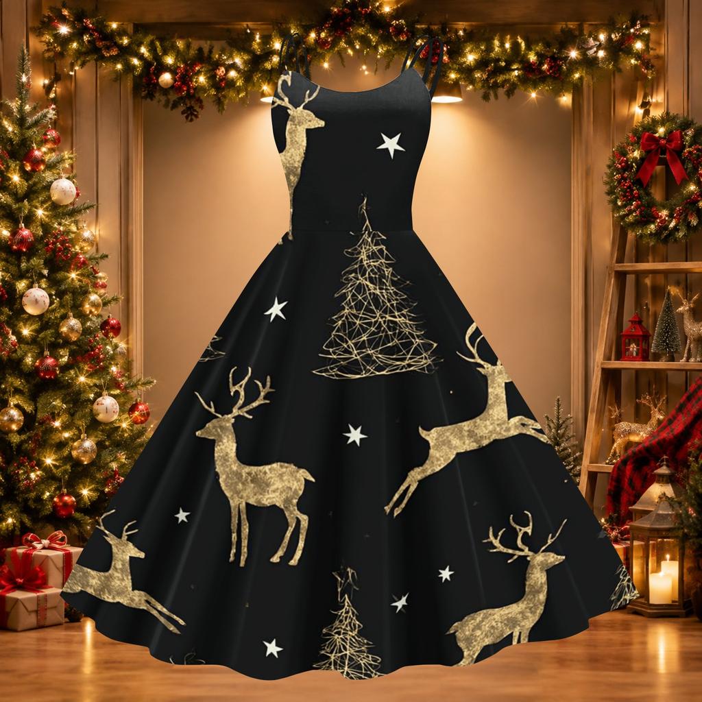 Sexy schulterfreies Retro-Kleid für Damen mit Weihnachtsdruck für Feiertagspartys