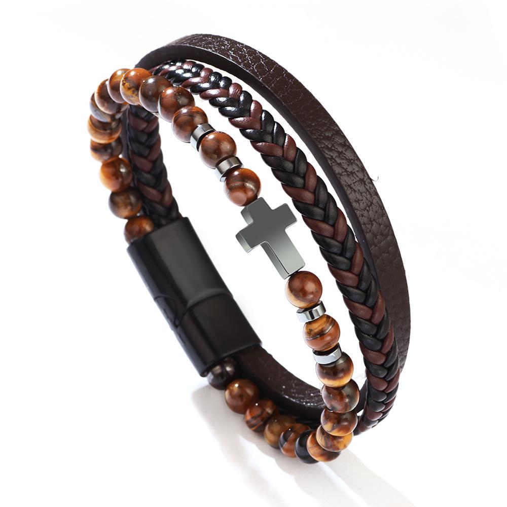 

Multi Layer Black Onyx Tiger Eye Bracelet Stylish PU Leather Braided Handmade Jewelry With Matte Stone Accents 23cm
