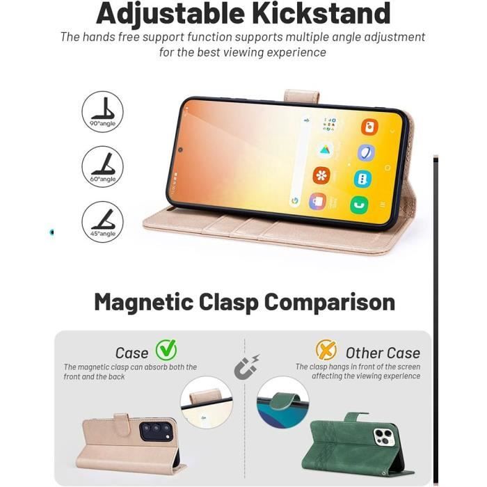 Coque pour Samsung Galaxy S24 avec 2 Verres Trempés, Effet Cuir Antichoc Intégral Flip Case Doré