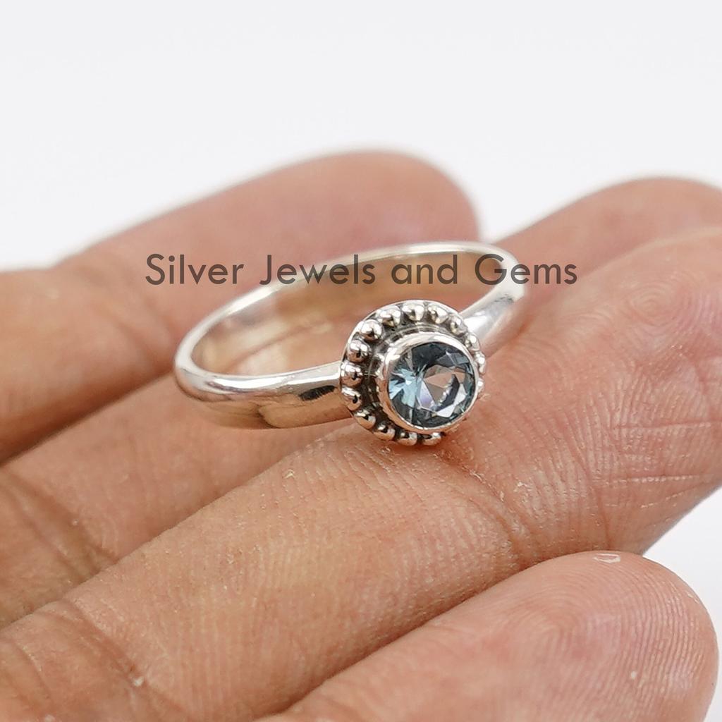 Blue Topaz Ring: Dainty Sterling Silver Ring, December Birthstone