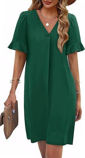 Women's V-Neck Flared Sleeve Medium and Long Pocket Short Sleeve Dress