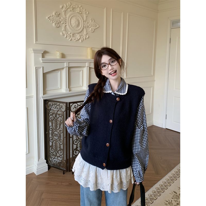 

Модный костюм Kumikumi в клетку с кружевом, рубашка с длинным рукавом, женское осеннее бандажное платье, молодежный вязаный комплект из двух предметов с жилетом Sweater vest One size